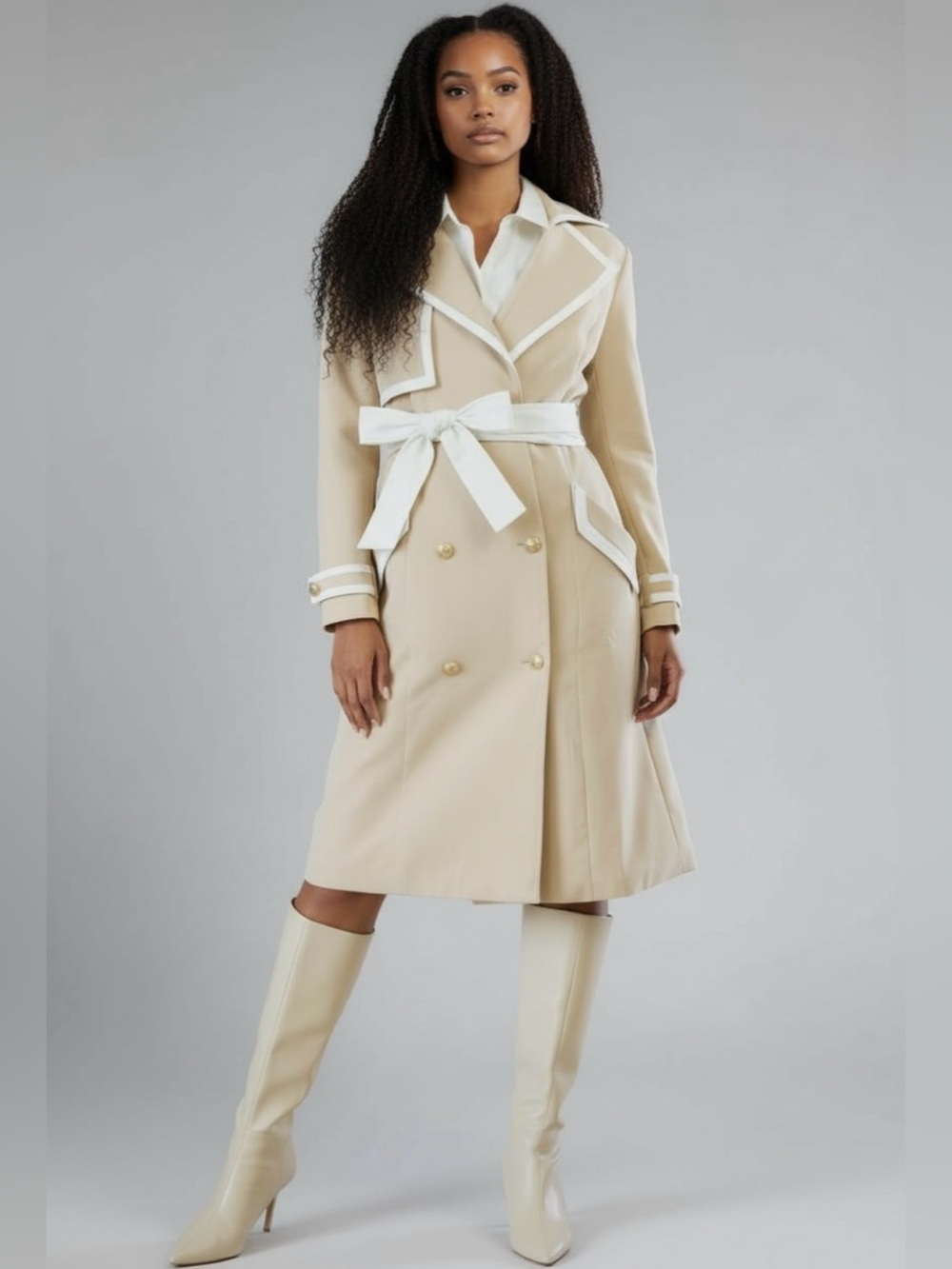 Beige Trench Coat with White Trim and Belt